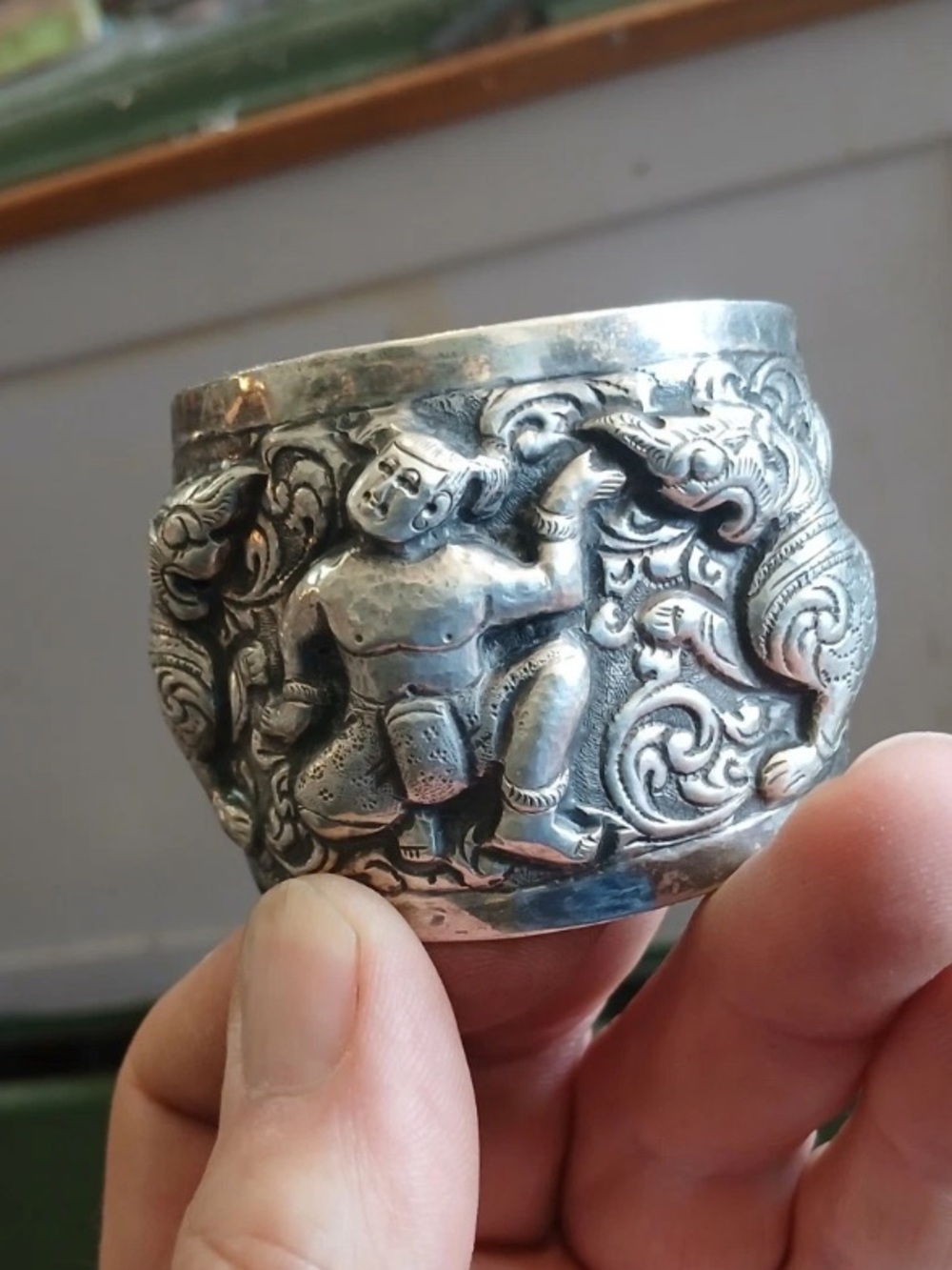 FABULOUS! FIGURAL ORNATE  950 SILVER Cuff  Bracelet Openwork  Burma